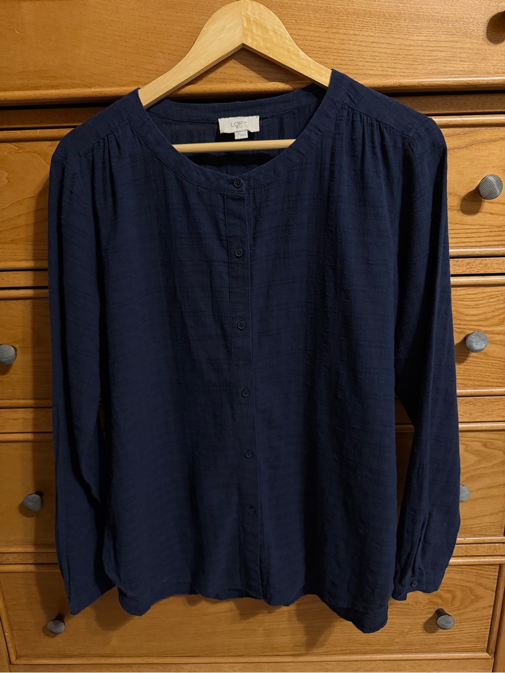 Loft Blouse Womens Large Navy Blue Collarless Button Down Textured Long Sleeve